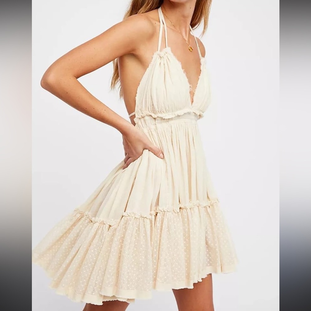 Free People Ivory Backless Halter Tiered Dress
